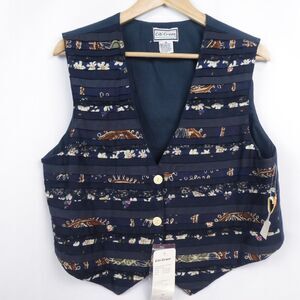 Vintage Citi Craze Pleated Lace Trim Floral‎ Waistcoat Vest Sz M Navy Blue Beige